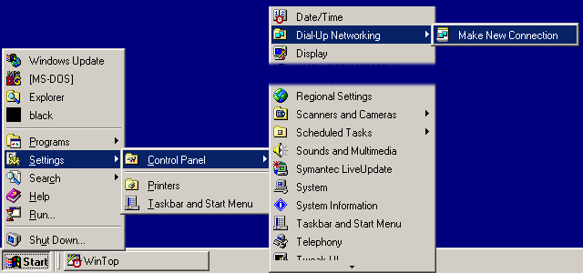 Start/Control Panel/Dial-up Networking/Make New Connection