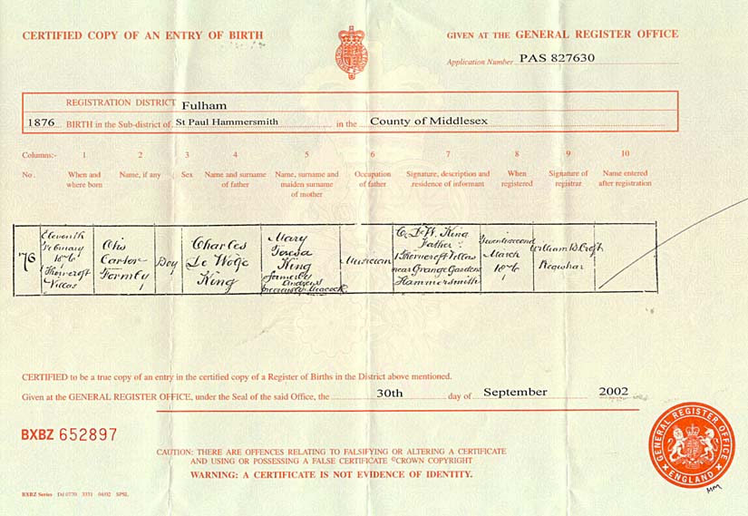 Otis King Birth Certificate